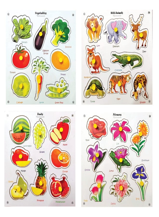 Khilonewale - Combo of 4 Wooden Learning Puzzle Boards (Vegetables + Animals + Fruits + Flowers) - Image 1